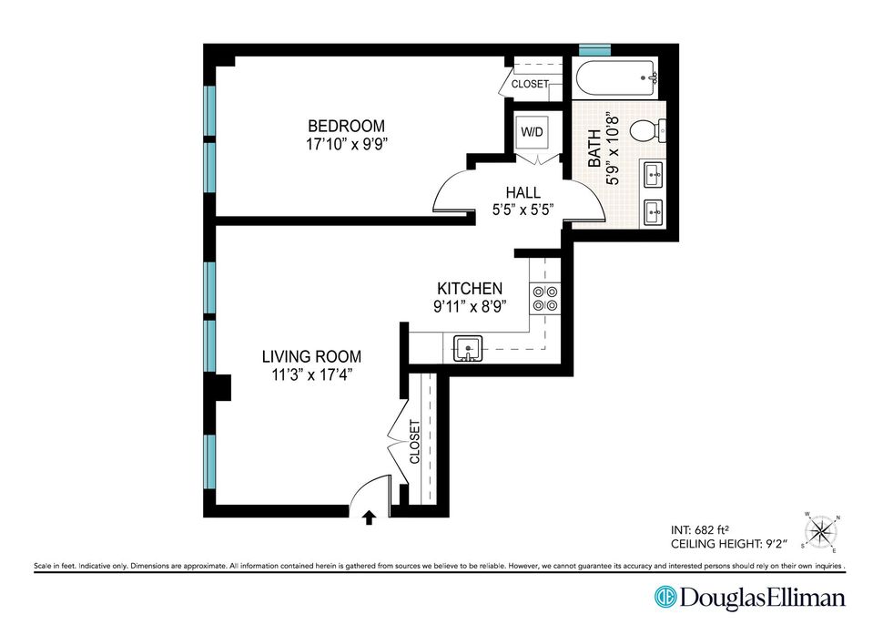 A black and white floor plan of a single bedroom apartment.