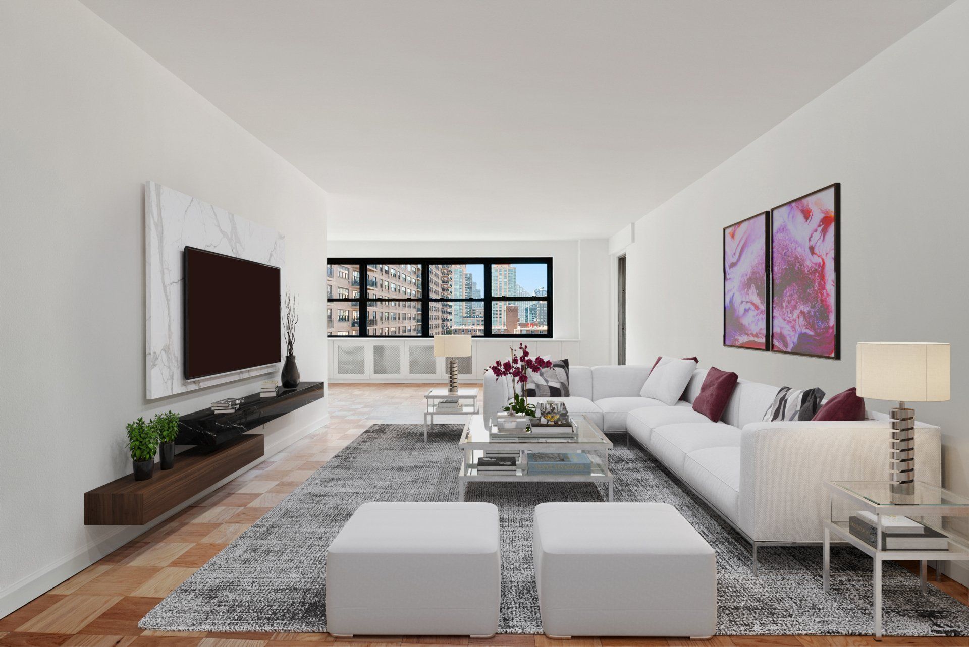 A living room with white furniture and a flat screen tv