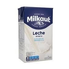 Cartón de leche entera Milkaut con envase azul y blanco.