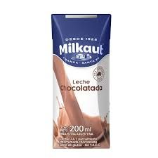Caja de leche chocolatada Milkaut, envase azul y blanco. 200 ml visibles.