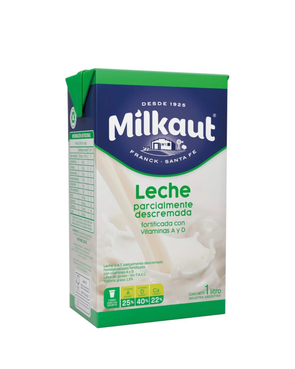 Cartón de leche parcialmente desnatada Milkaut, con packaging verde y azul.