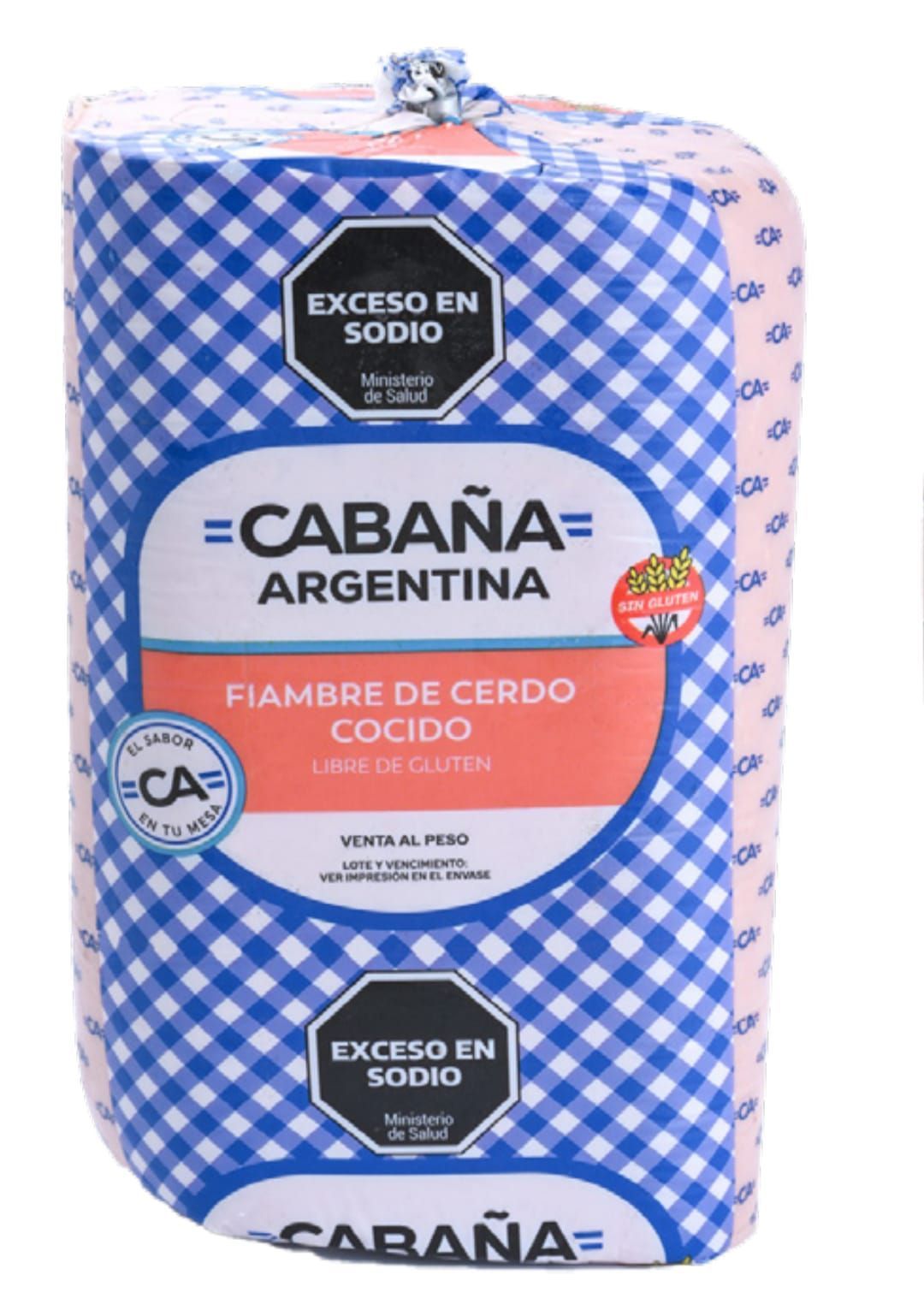 Producto de cerdo envasado con envoltura a cuadros azules, etiquetado 