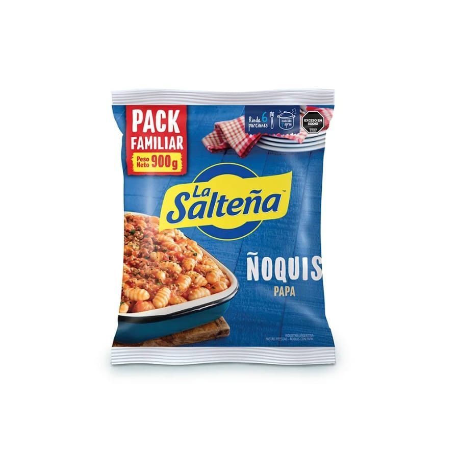 Paquete de ñoquis de papa La Salteña, marca azul y amarilla, pack familiar, 500g.