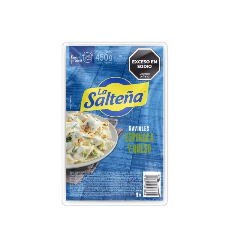 Paquete de ravioles La Salteña, azul, amarillo y blanco, con pasta y queso. Etiqueta de 