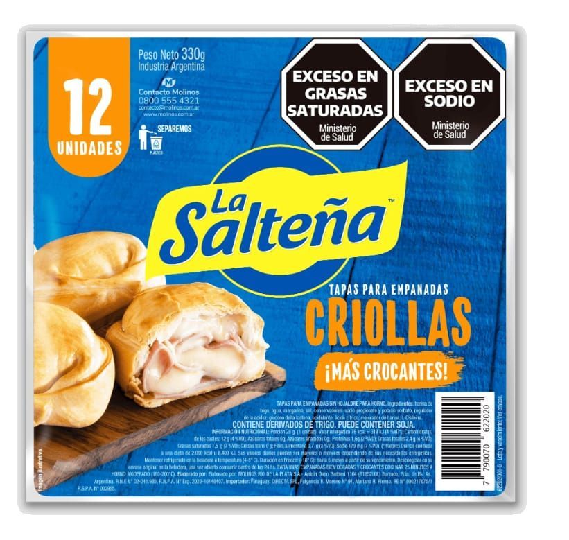 Una caja de empanadas La Salteña. Contiene advertencias sobre el alto contenido de grasa y sodio.