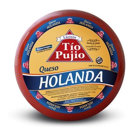 Queso Holanda redondo, corteza de cera roja, etiqueta azul y dorada con logo 