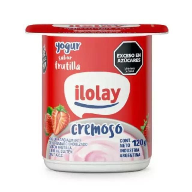 Red Ilolay strawberry yogurt container. Shows strawberries, reads 