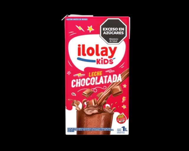 Cartón de leche chocolatada Iloley Kids con toques de chocolate, rojo y blanco.