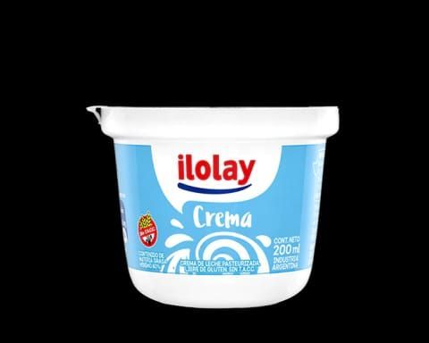 Tarrina blanca de Ilolay Crema con logo azul y rojo, de 200 ml, sobre fondo negro.