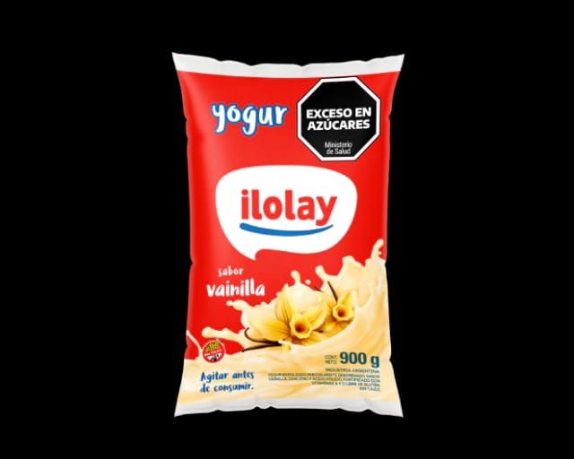 Bolsa de yogur de vainilla Red Yogur Ilolay con ilustración de una vainilla y advertencia de azúcar negra.