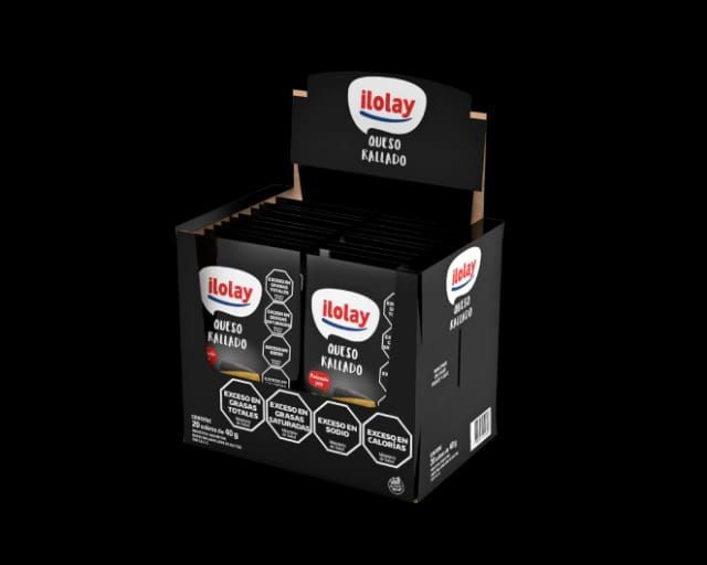 Caja expositora negra con paquetes de queso Ilolay.