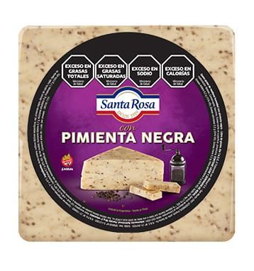 Bloque de queso Santa Rosa con pimienta negra, etiqueta morada y etiquetas de advertencia.
