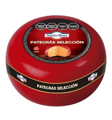 Red Santa Rosa Pategás Selección cheese wheel with black label accents.