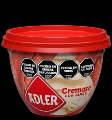 Envase rojo de crema Adler con jamón, con advertencias sanitarias.