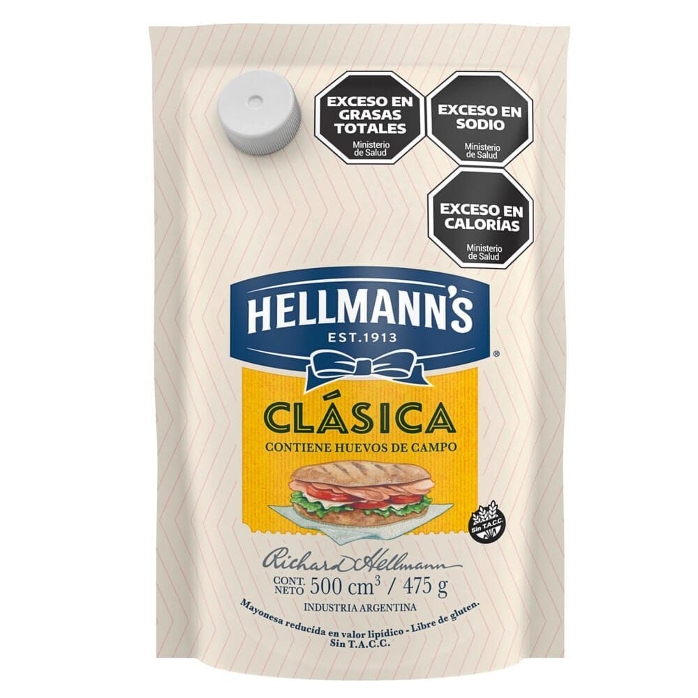 Bolsa de mayonesa Hellmann's con advertencias sobre el exceso de grasas, sodio y calorías.