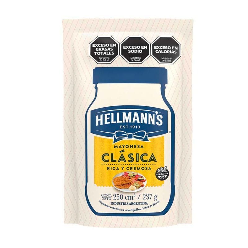 Sobre de mayonesa Hellmann's. Blanca con tapa azul, etiqueta amarilla: 