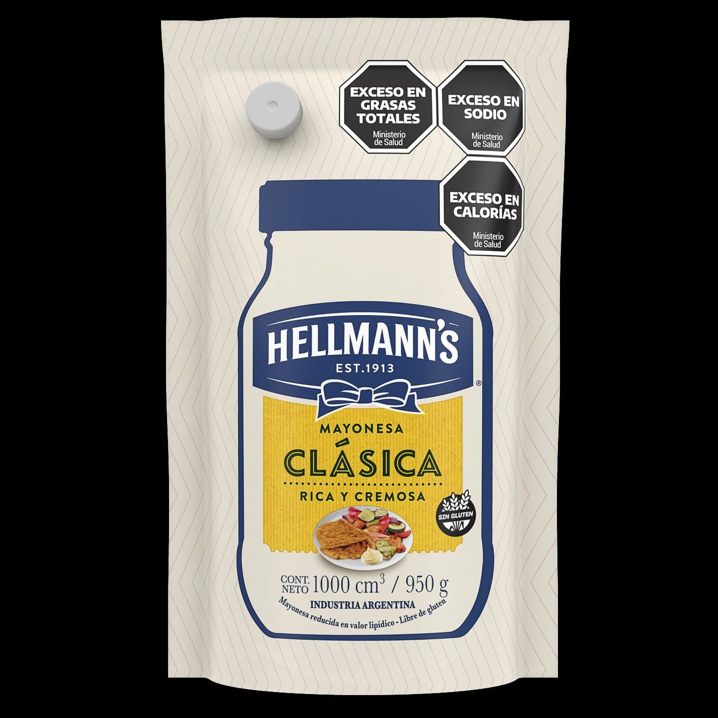 Mayonesa Hellmann's en bolsa con etiquetas. Contiene exceso de grasas, sodio y calorías.