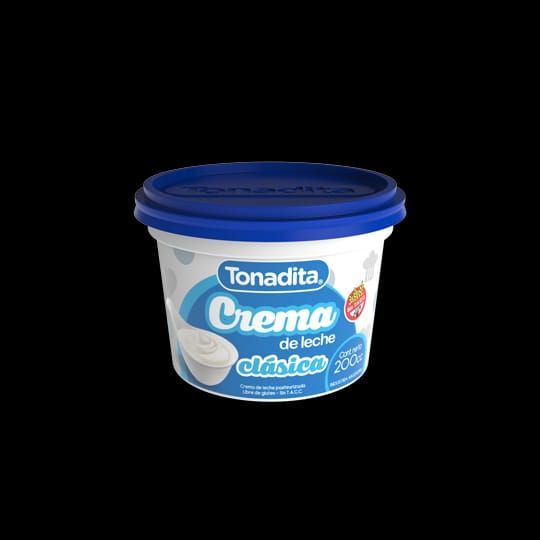 Tarrina de color blanco y azul de Tondaita crema clásica con fondo negro.