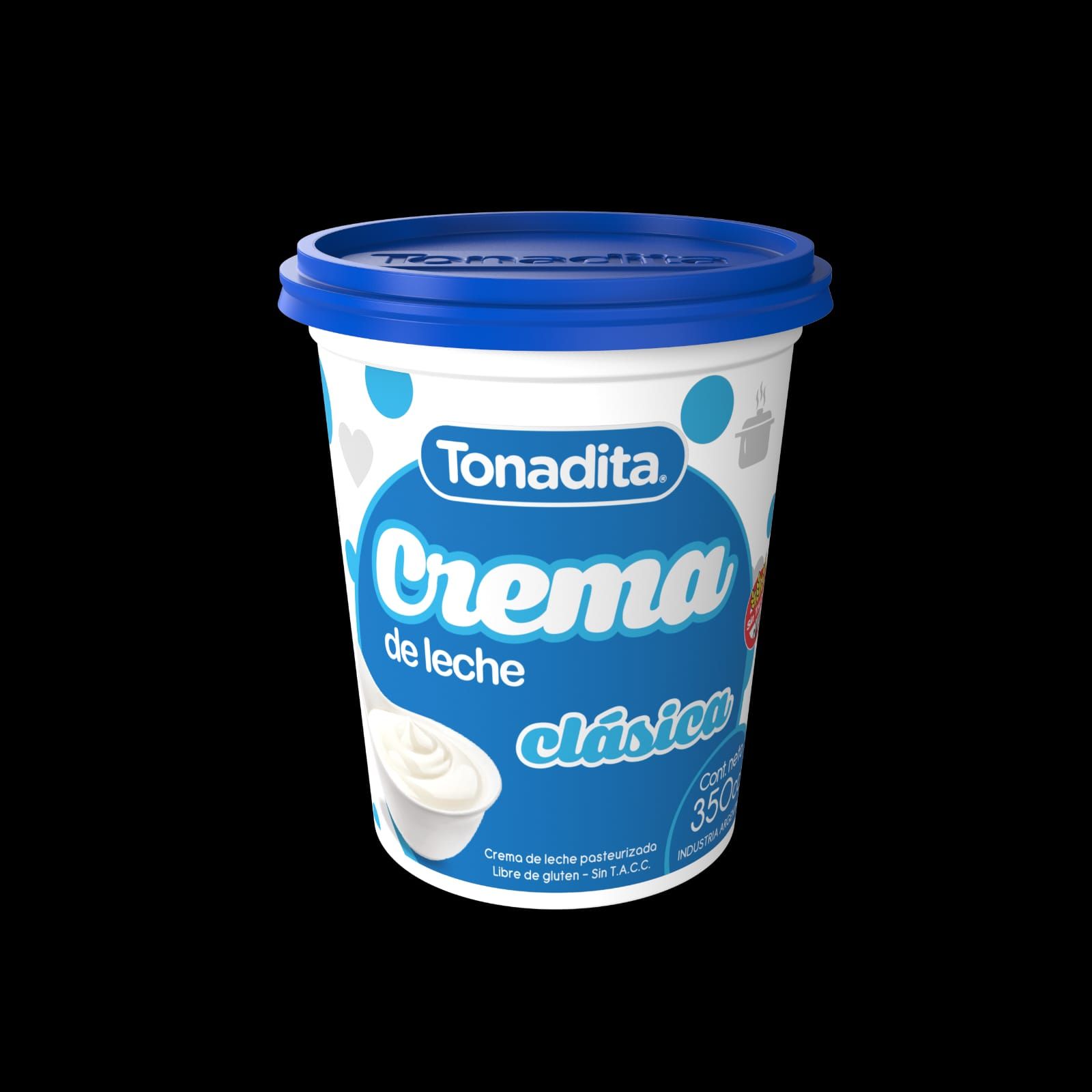 Tarrina de “Tonadita Crema de leche clásica” de color blanco y azul sobre fondo negro.