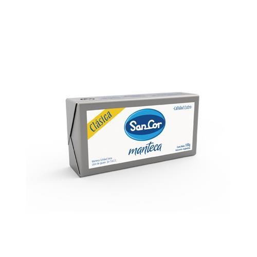 Paquete de mantequilla SanCor, gris y blanco con logo azul, texto 