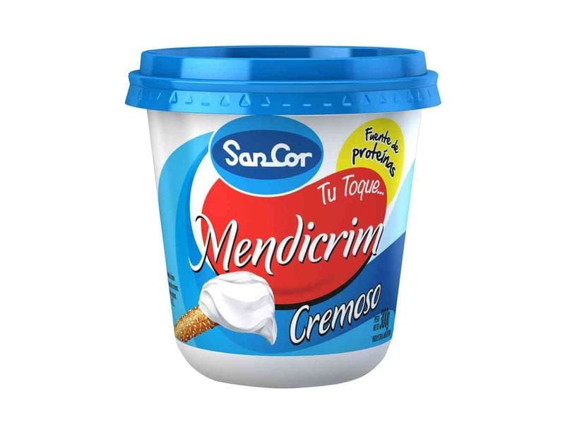 Envase blanco y azul de SanCor Mendicrim, un producto de queso cremoso.