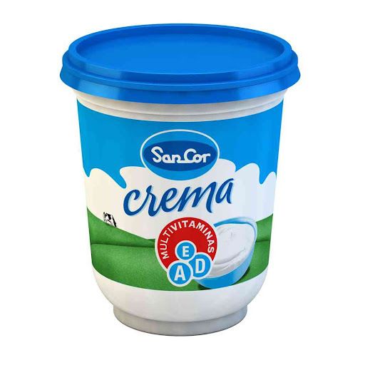 Recipiente azul y blanco para crema Sancor, con tapa azul y etiqueta 