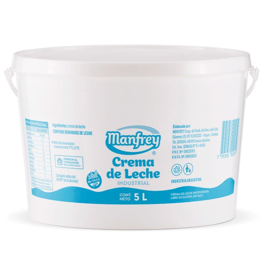 Cubo de plástico blanco de “Crema de Leche Industrial”, marca Manfrey, 5L, con detalles en azul y etiqueta.
