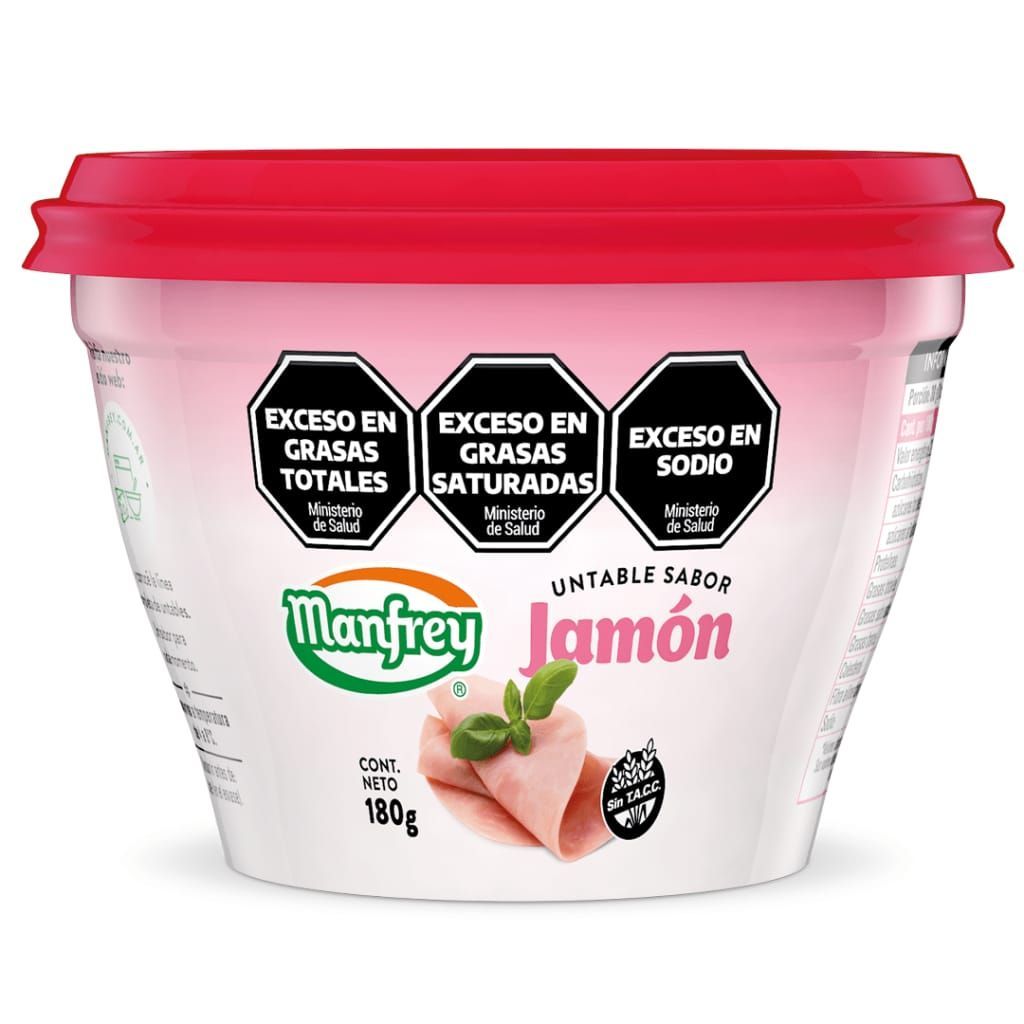 Envase de crema de jamón Manfrey con etiquetas de advertencia: 