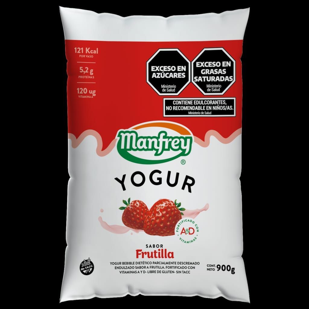 Bolsa de yogur Manfrey sabor fresa, envase rojo y blanco. Incluye información nutricional y advertencias.