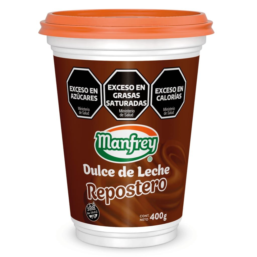 Envase de Dulce de Leche Repostero Manfrey, con advertencias por exceso de azúcares, grasas saturadas y calorías.