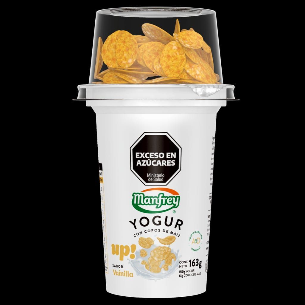 Vaso de yogur con cobertura de copos de maíz; etiqueta 