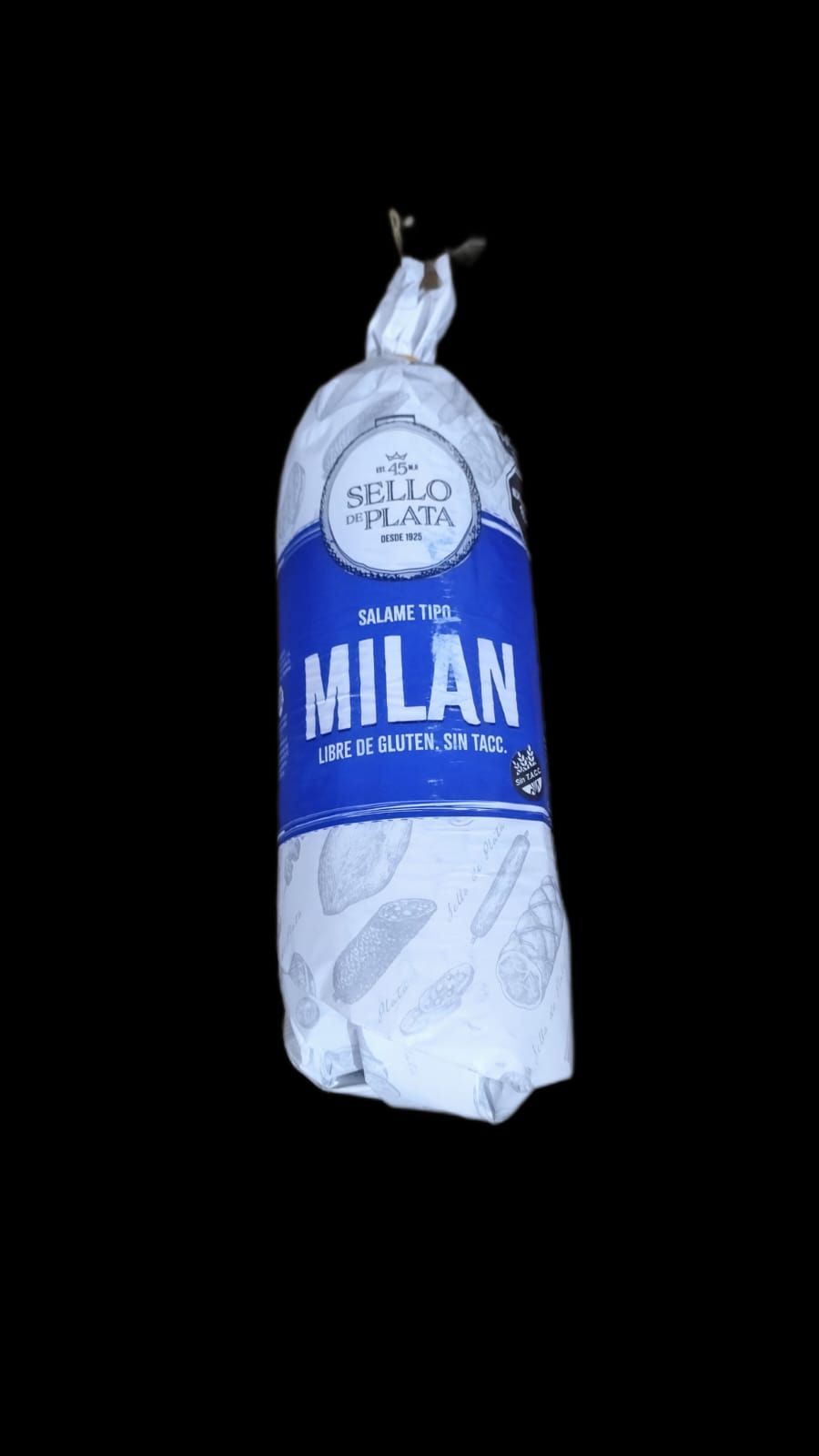 Bolsa de pan de Milán con envoltorio azul y blanco, sobre fondo negro.