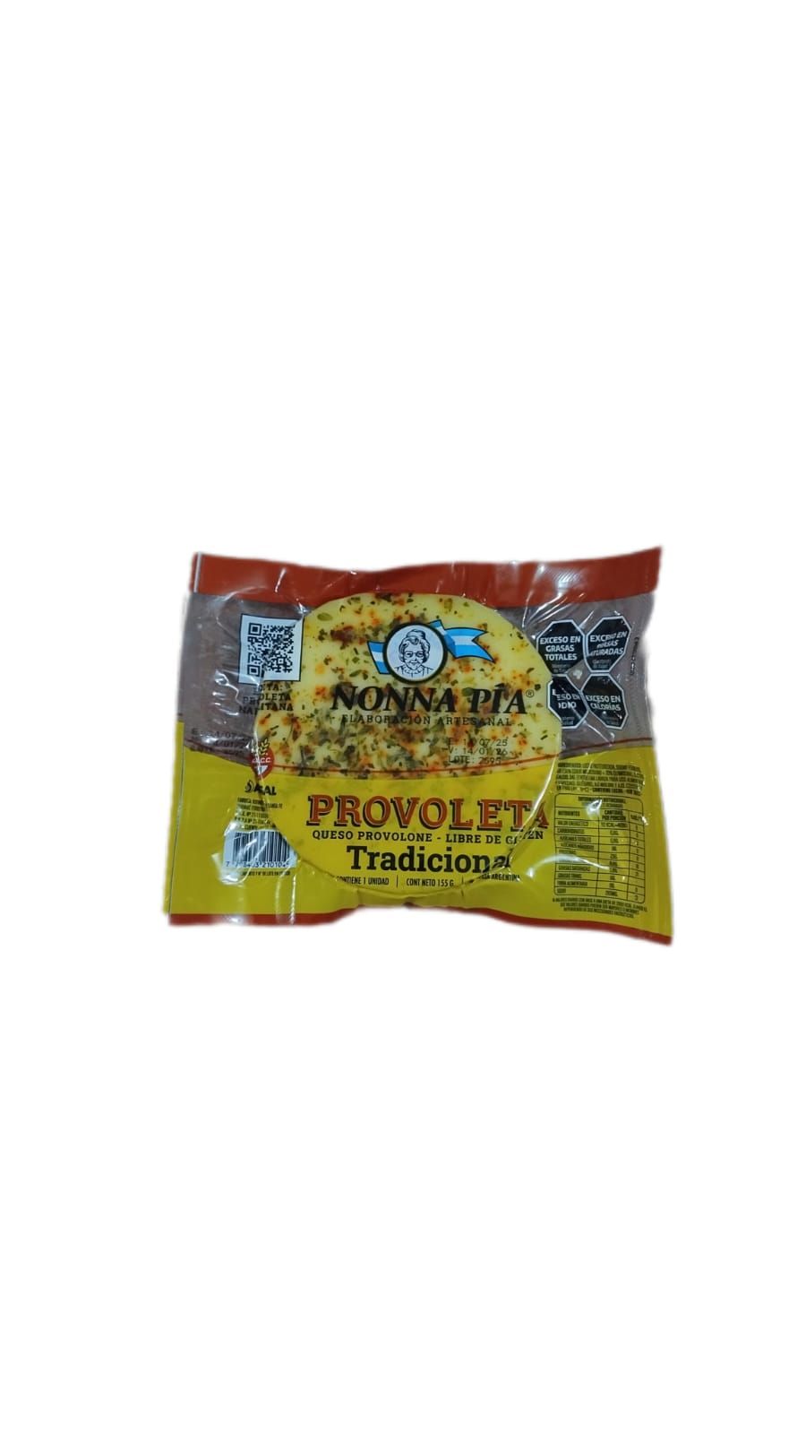 Paquete de queso “Provoleta Tradicional”, empaque amarillo y marrón.