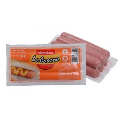 Paquete de hot dogs La Casona, seis piezas, sobre fondo blanco.