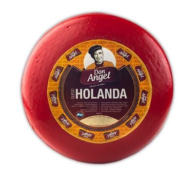 Queso Don Angel Holanda redondo encerado en rojo con etiqueta central en la que aparece un hombre y el nombre del queso.