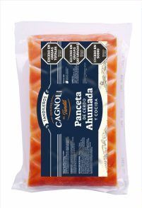Packaged smoked pork belly; the label reads 