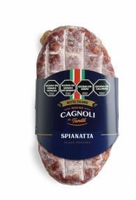 Salami italiano Spianatta Cagnoli, envuelto en etiqueta azul con información nutricional.