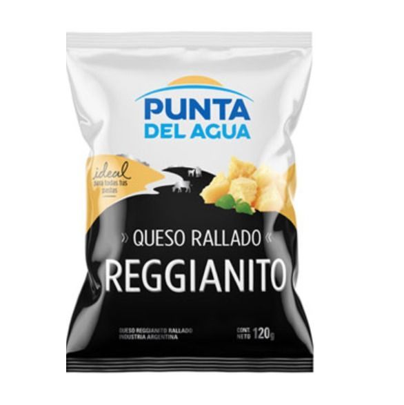 Bolsa de queso rallado “Reggianito” “Punta del Agua”, con logo azul sobre fondo blanco y negro, 120g.