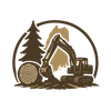 Brown logo of a logging excavator beside a pine tree and log cross-section in a circle