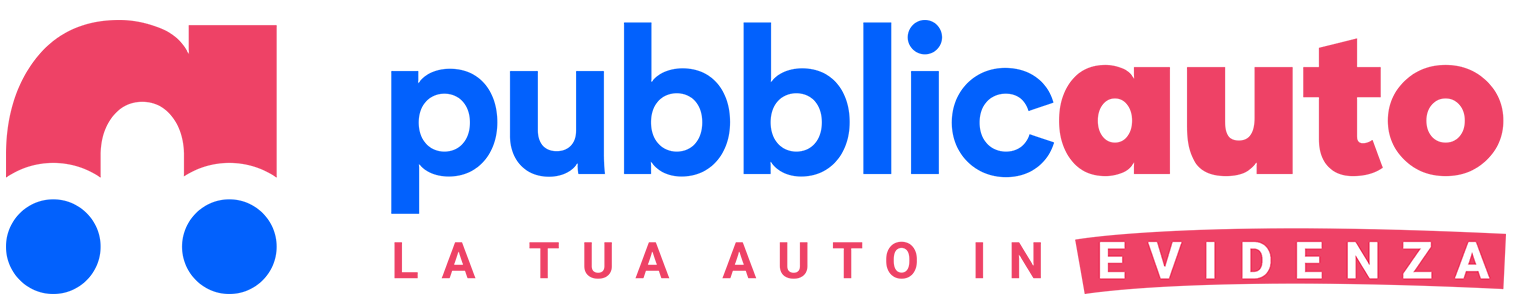 Logo di Publicauto con icona rossa e blu e slogan “LA TUA AUTO IN EVIDENZA”