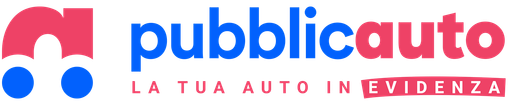 Logo di Publicauto con icona rossa e blu e slogan “LA TUA AUTO IN EVIDENZA”