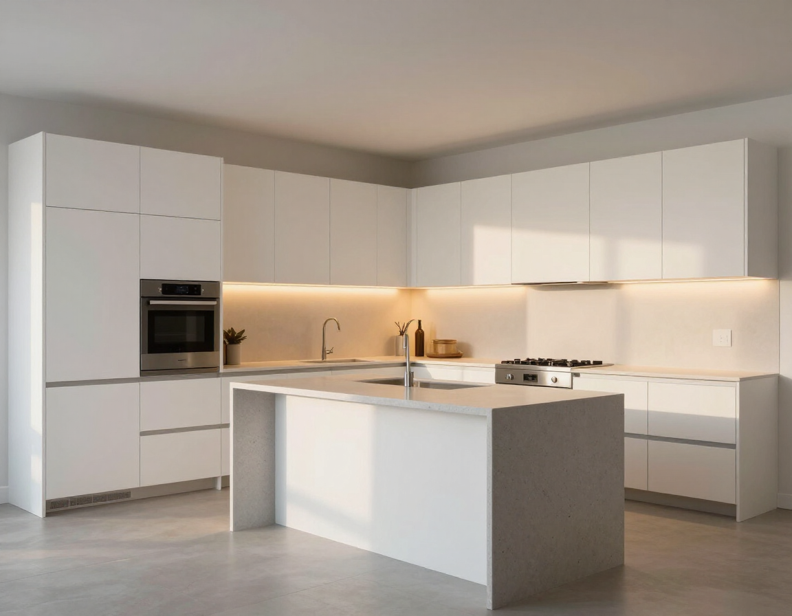 Modern kitchen with matte white flat-front cabinetry