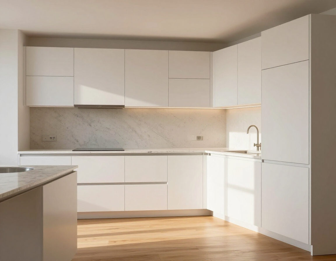 Modern minimalist kitchen with handleless white cabinets