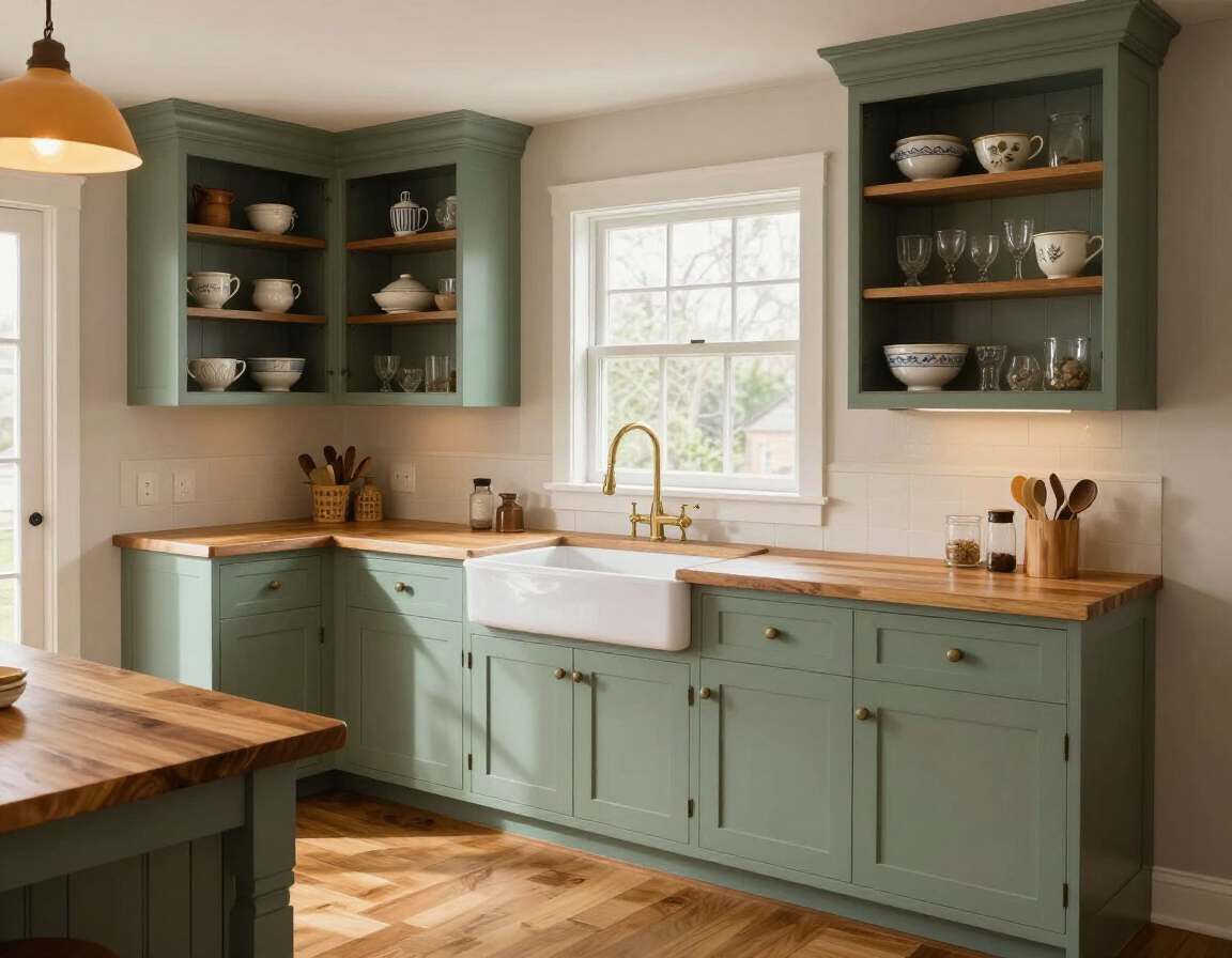 Farmhouse kitchen with sage green shaker cabinets