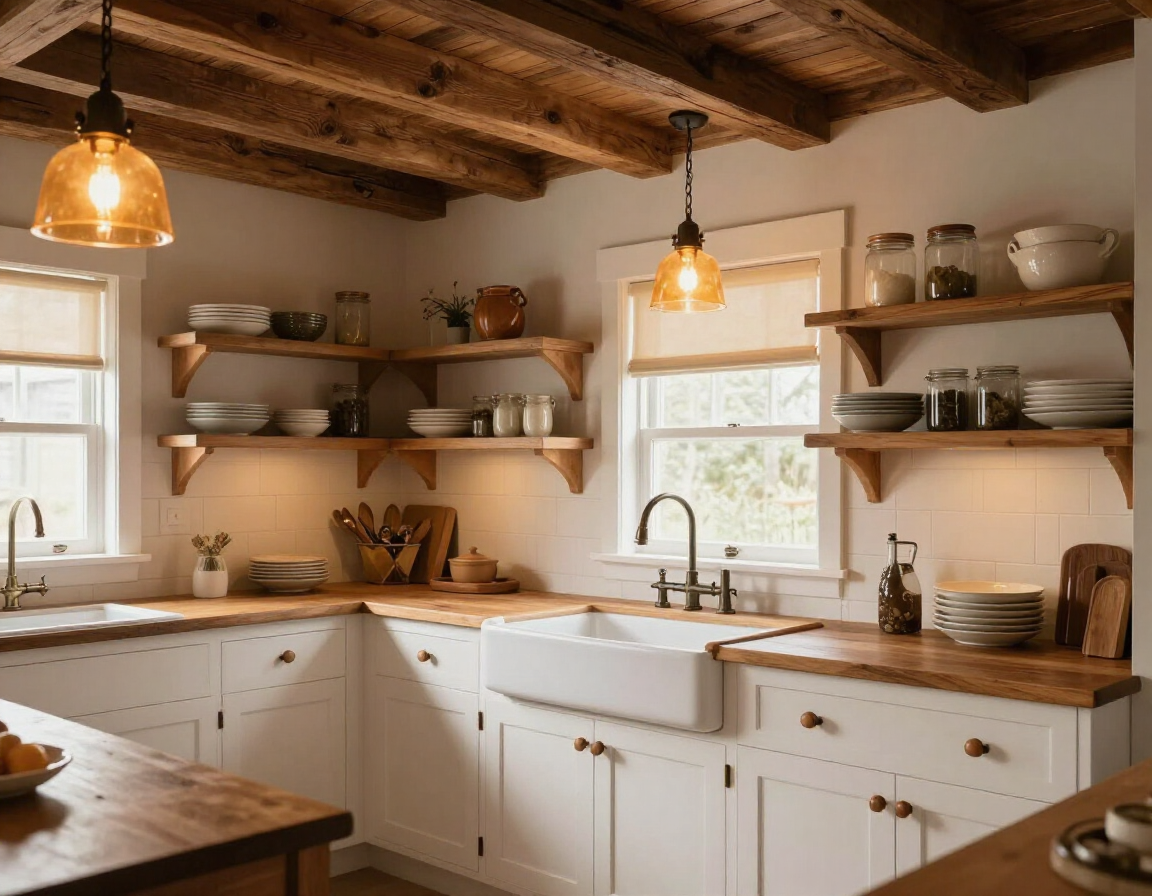 Farmhouse kitchen with white shaker cabinets and wood beams