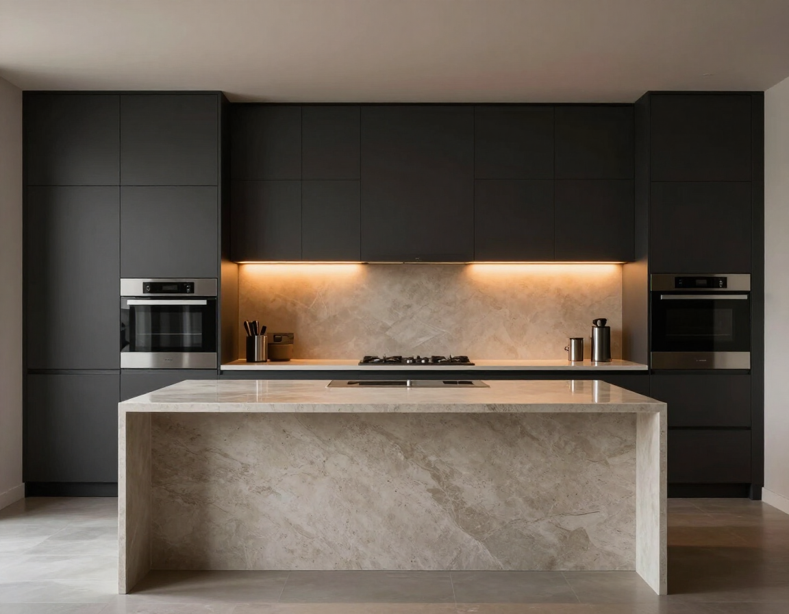 Modern kitchen with charcoal cabinetry and quartz waterfall island
