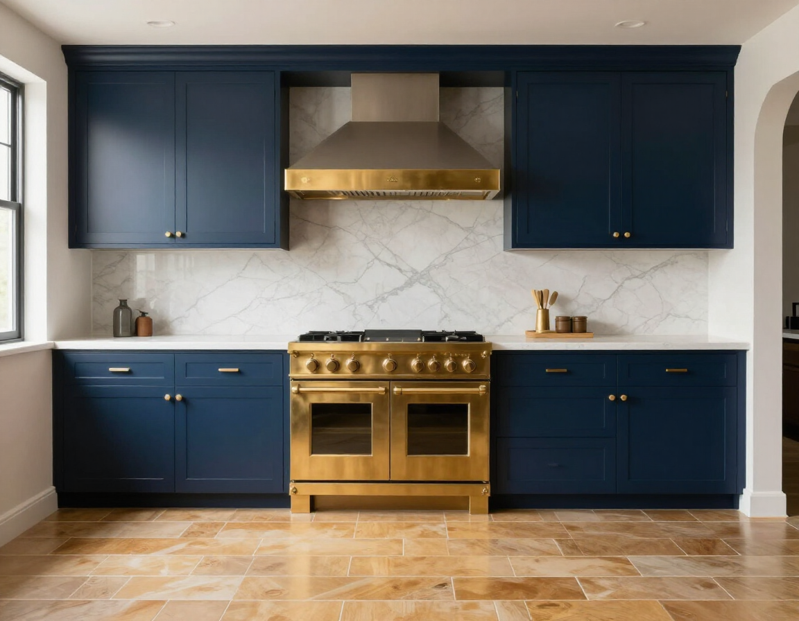 Luxury kitchen with deep navy cabinetry and marble backsplash