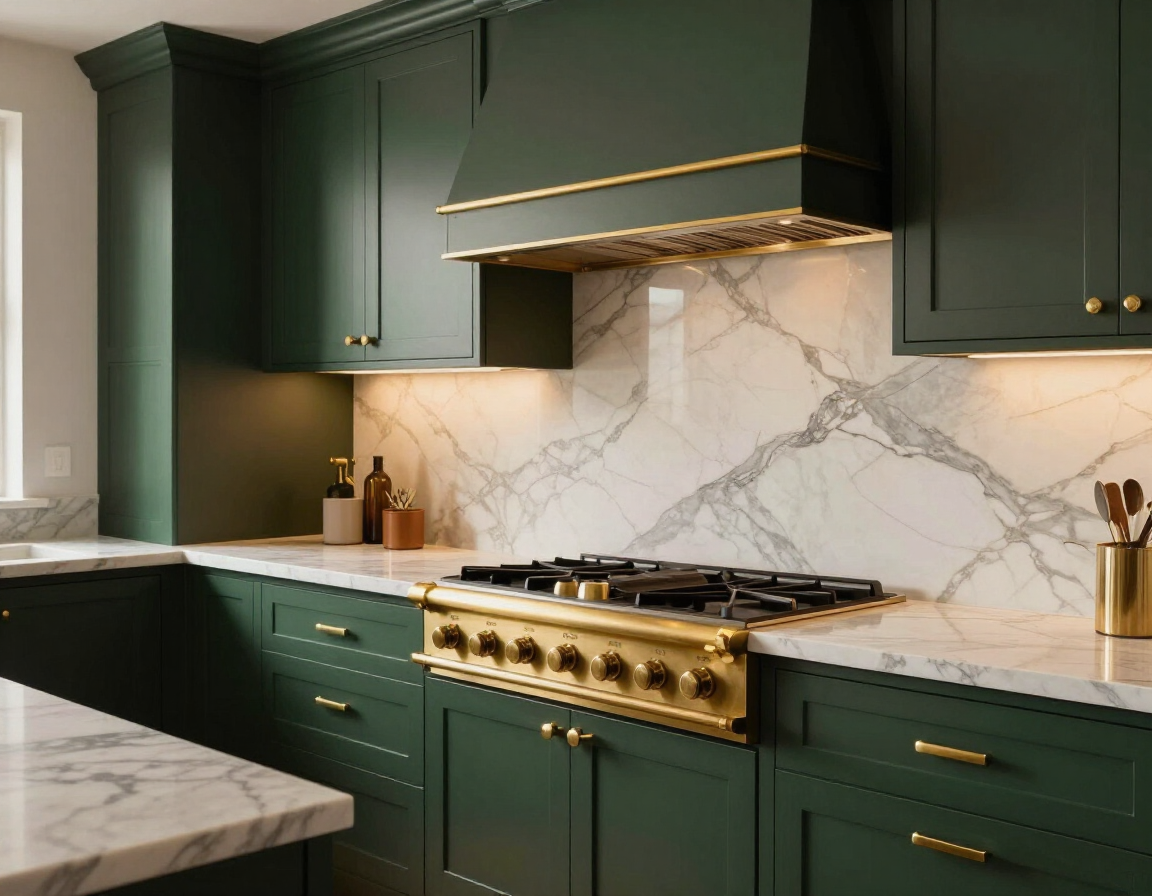 Luxury kitchen with dark green cabinetry and gold hardware