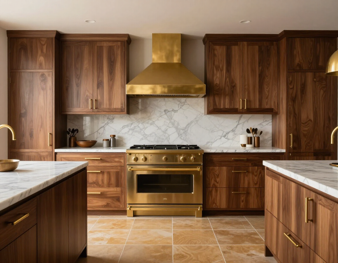 Luxury kitchen with walnut veneer cabinets and brass fixtures