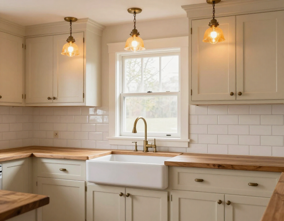 Farmhouse kitchen with cream shaker cabinets and subway tile
